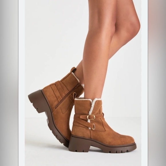 Steve Madden Shoes - Steve Madden Colletta lug-sole buckle booties camel suede faux-fur lining Fall